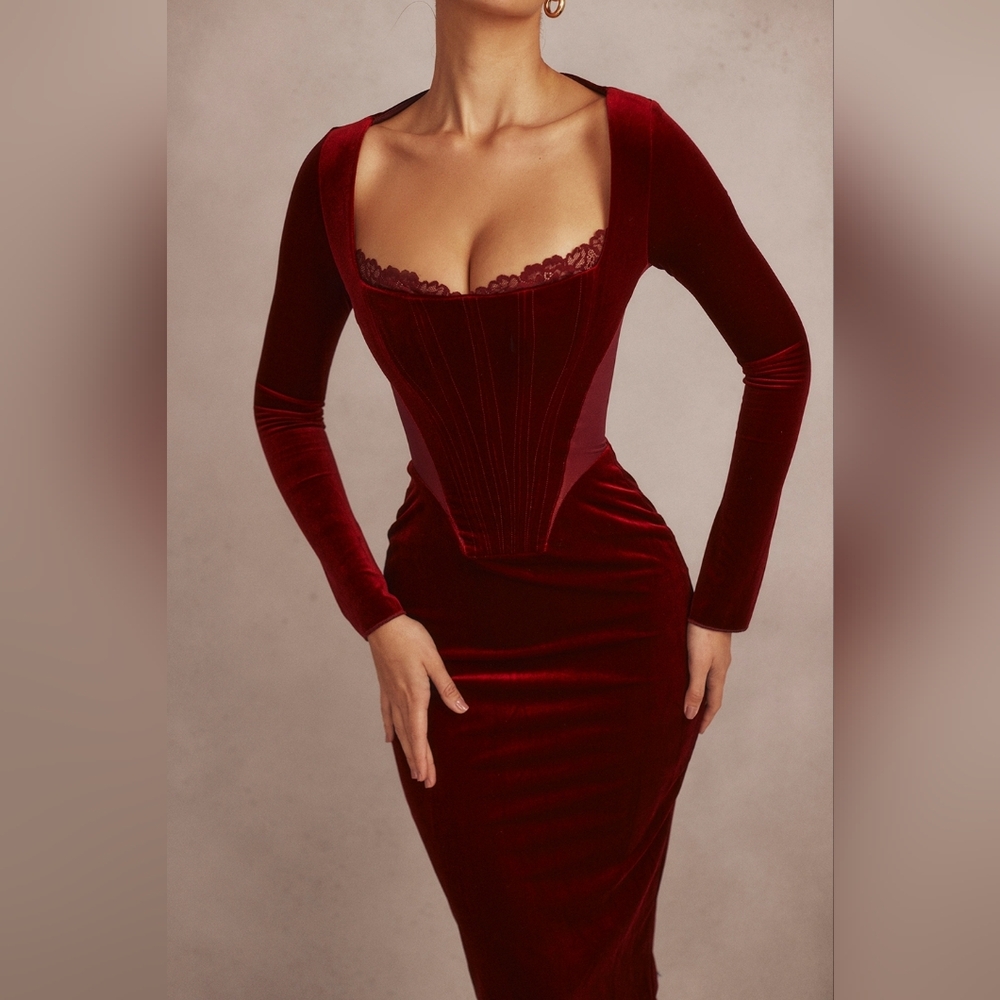 House Of CB Solaine wine‎ red velvet corset dress Long Sleeve Midi XS NWT